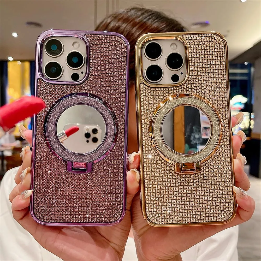 Plating Glitter Rhinestone Magnetic Mirror Bracket Stand Case for iPhone 16 Pro Max 15 14Plus 13 12 11 Diamond Cover,Deep Purple,for iPhone 16 Promax