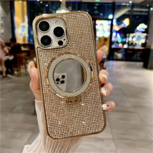 Plating Glitter Rhinestone Magnetic Mirror Bracket Stand Case for iPhone 16 Pro Max 15 14Plus 13 12 11 Diamond Cover,Gold,for iPhone 16 Promax