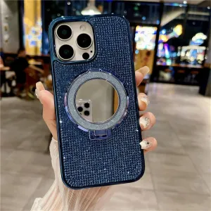 Plating Glitter Rhinestone Magnetic Mirror Bracket Stand Case for iPhone 16 Pro Max 15 14Plus 13 12 11 Diamond Cover,Navy Blue,for iPhone 16 Promax