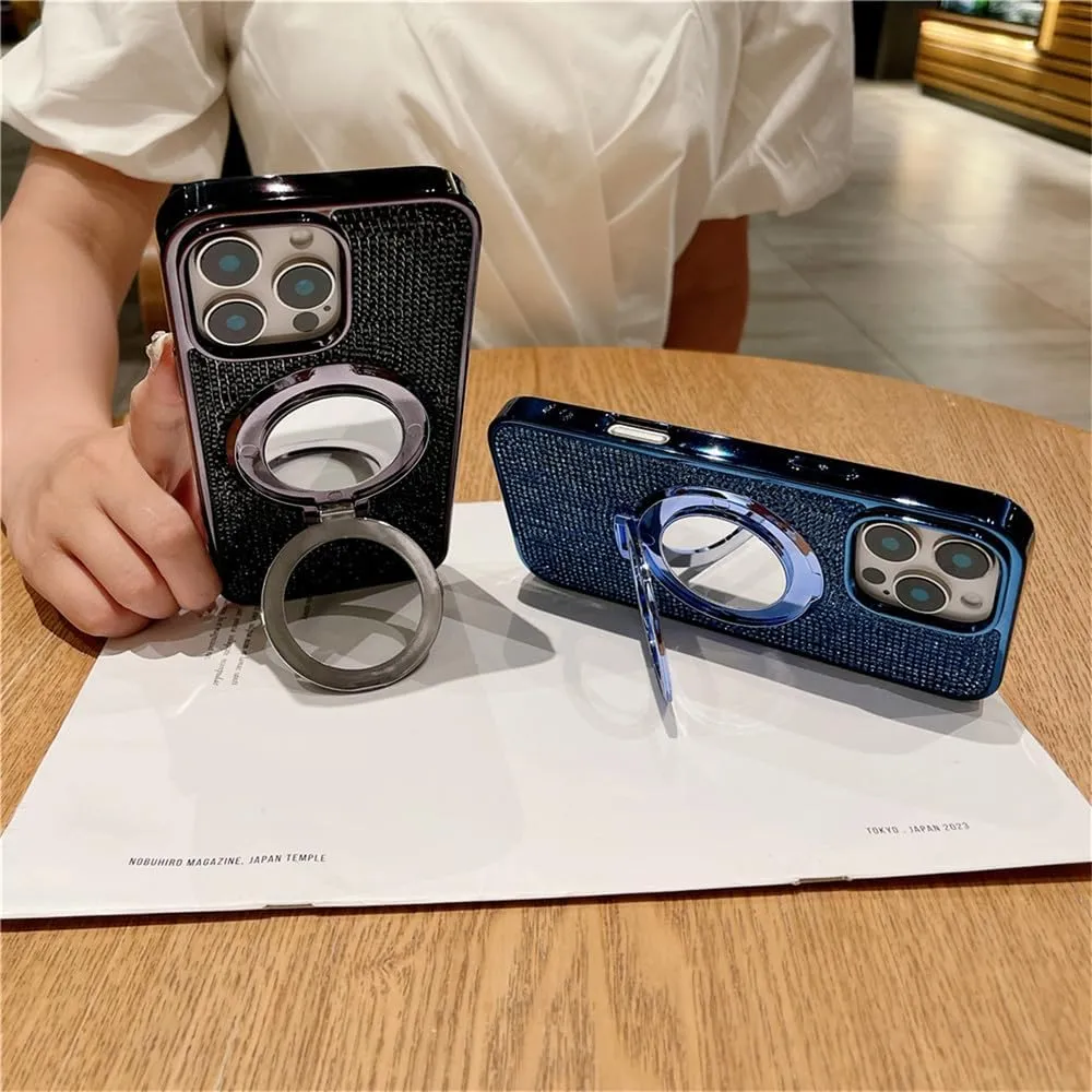 Plating Glitter Rhinestone Magnetic Mirror Bracket Stand Case for iPhone 16 Pro Max 15 14Plus 13 12 11 Diamond Cover,Navy Blue,for iPhone 16 Promax