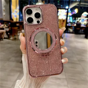 Plating Glitter Rhinestone Magnetic Mirror Bracket Stand Case for iPhone 16 Pro Max 15 14Plus 13 12 11 Diamond Cover,Pink,for iPhone 16 Promax