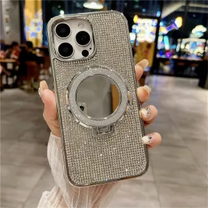 Plating Glitter Rhinestone Magnetic Mirror Bracket Stand Case for iPhone 16 Pro Max 15 14Plus 13 12 11 Diamond Cover,Silver,for iPhone 16 Promax