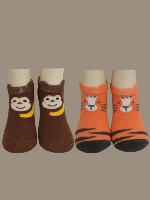 Playful Monkey and Tiger Combo  Socks for Boys- Orange & Brown