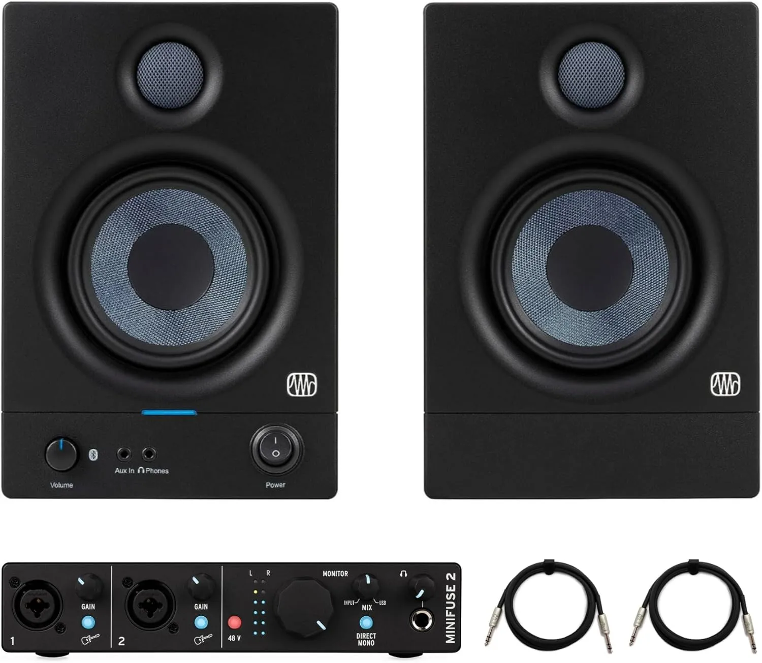 PreSonus Eris 4.5BT 2nd Gen 4.5-Inch Media Reference Monitors with Bluetooth Bundle with MiniFuse 1 Audio Portable Interface, and 1/4 Inch TRS Cables (4 Items)