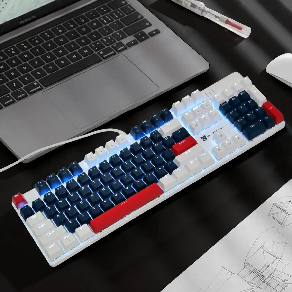 Qisan Mechanical Gaming Keyboard Full Size 104 Keys US Layout Wired Keyboard Red Switch Ice Blue Keyboards for Gaming Accessories | Ergonomic USB Keyboards | Gaming Gifts