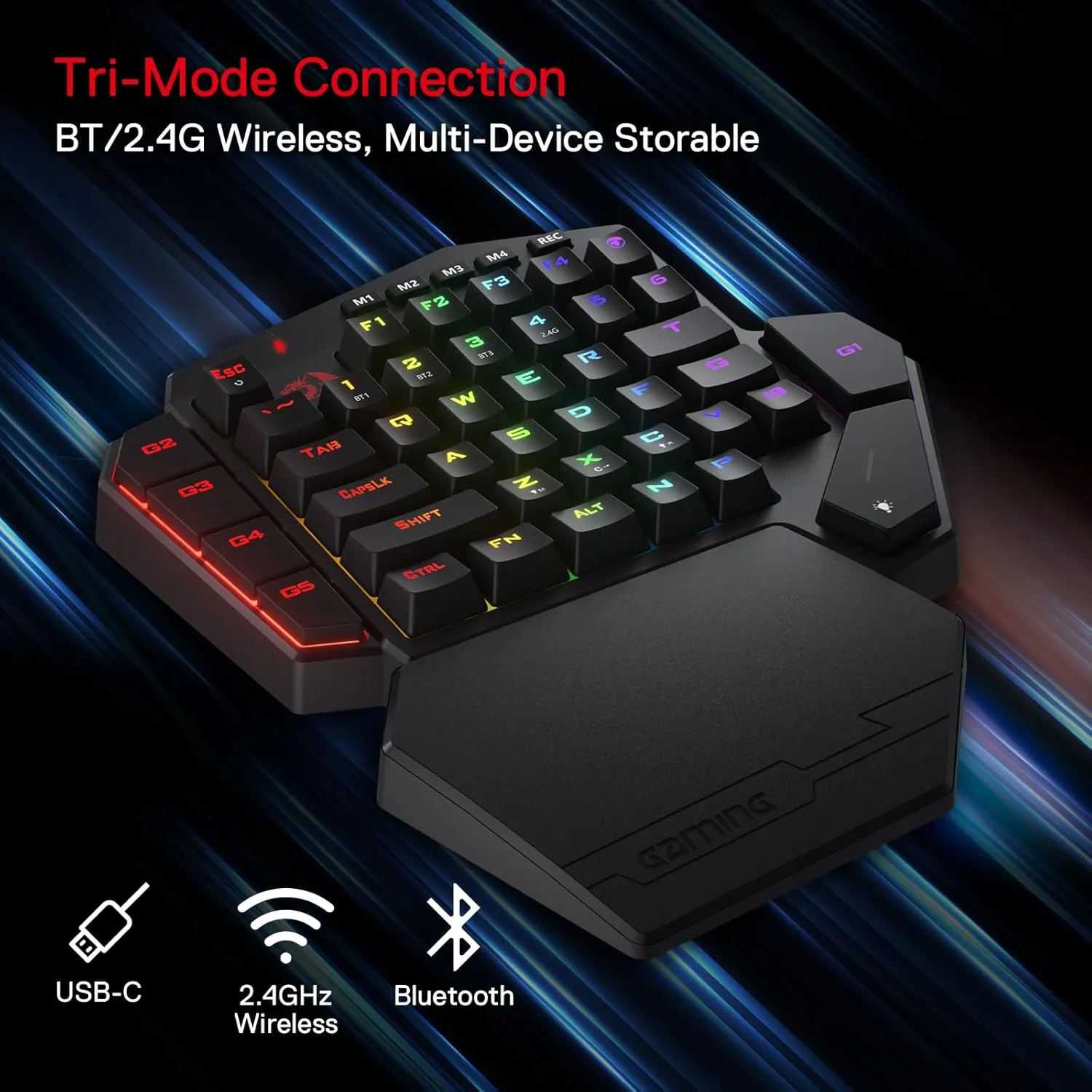 Redragon K585 PRO Wireless One-Handed Mechanical Keyboard, 42 Keys 3-Mode RGB 40% Gaming Keypad w/ 7 Onboard Macro Keys, Detachable Wrist Support, Rechargeable Battery (Blue Switch)