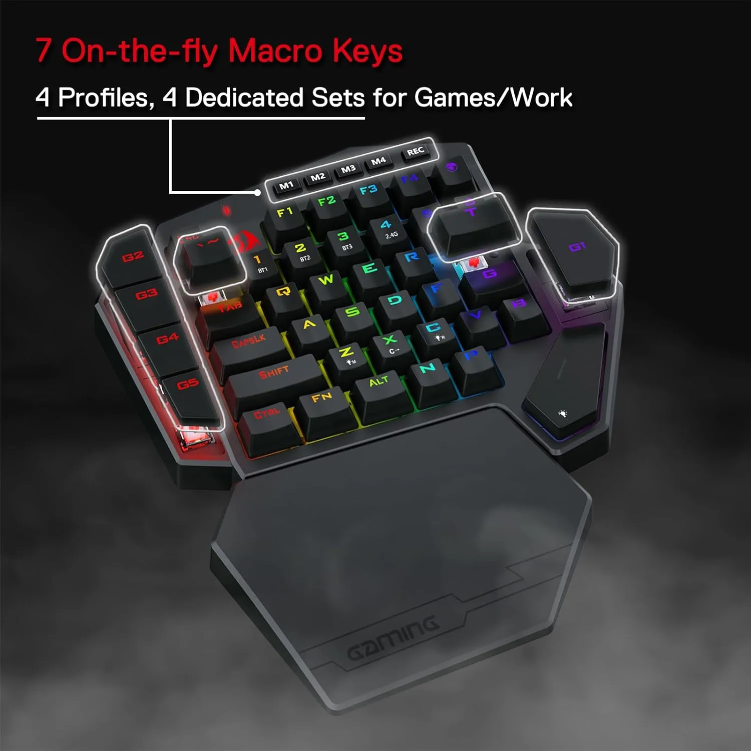 Redragon K585 PRO Wireless One-Handed Mechanical Keyboard, 42 Keys 3-Mode RGB 40% Gaming Keypad w/ 7 Onboard Macro Keys, Detachable Wrist Support, Rechargeable Battery (Blue Switch)