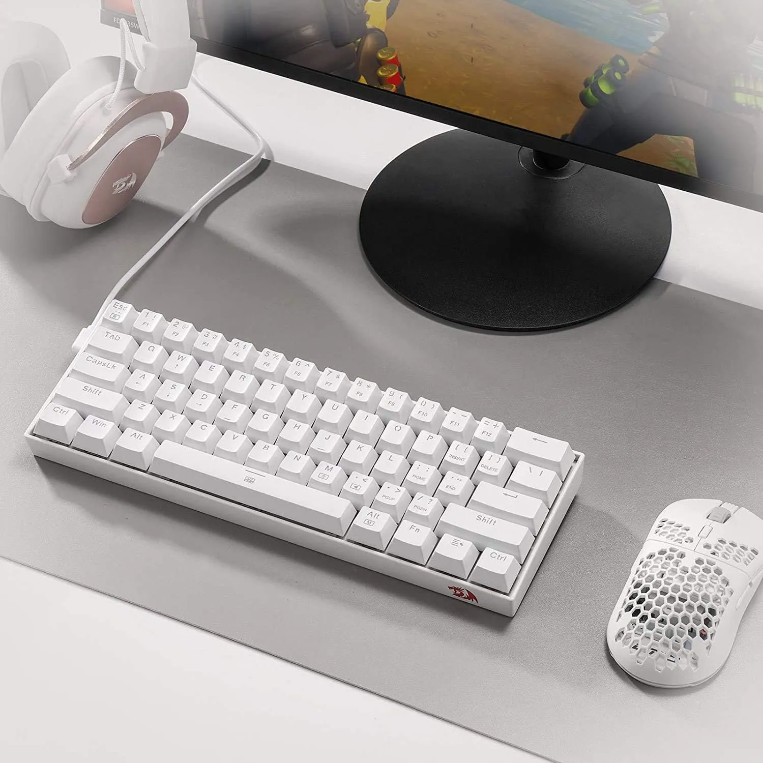 Redragon K630 Dragonborn 60% Wired RGB Gaming Keyboard, 61 Keys Compact Mechanical Keyboard with Tactile Brown Switch, Pro Driver Support, White