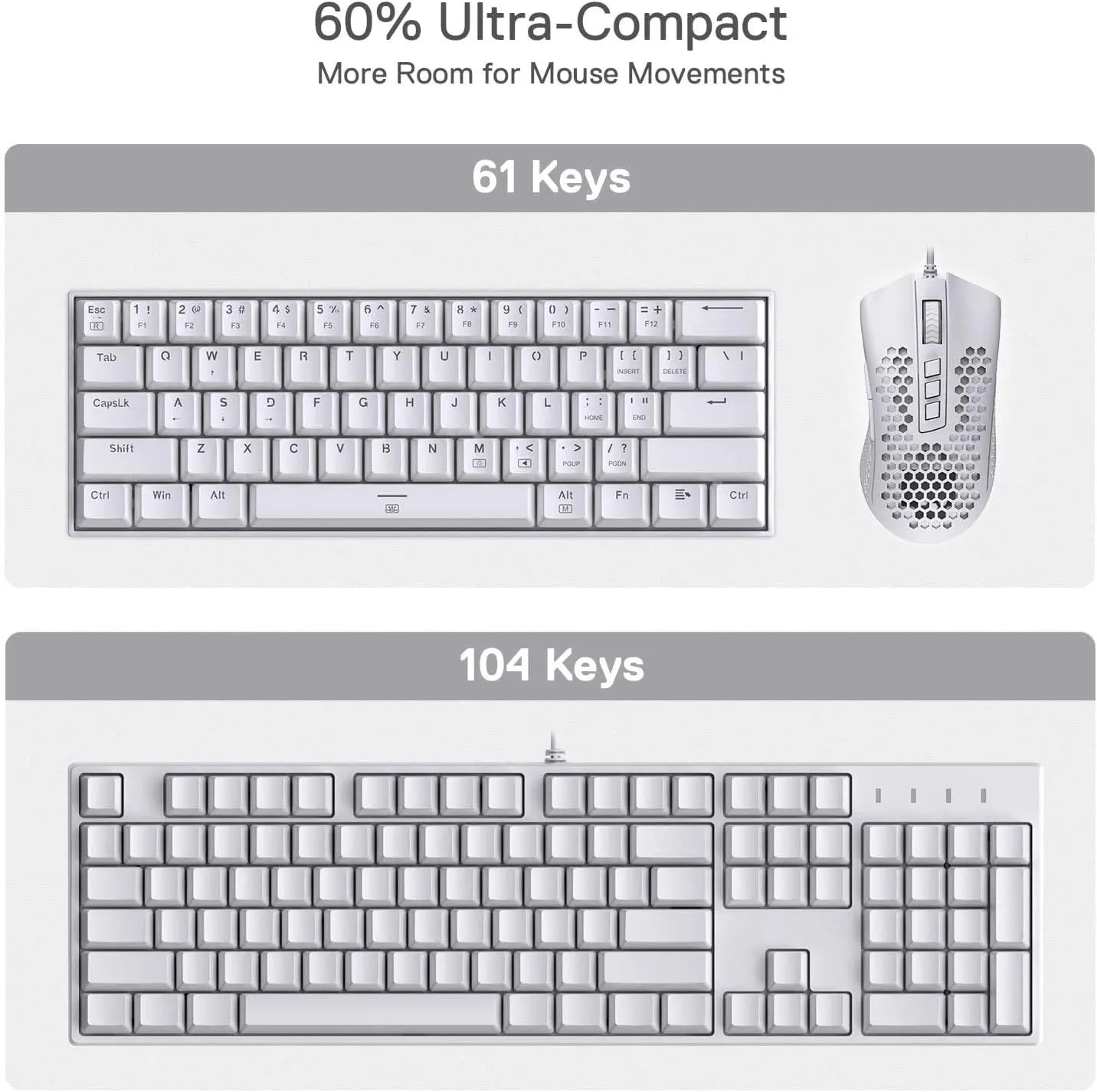 Redragon K630 Dragonborn 60% Wired RGB Gaming Keyboard, 61 Keys Compact Mechanical Keyboard with Tactile Brown Switch, Pro Driver Support, White