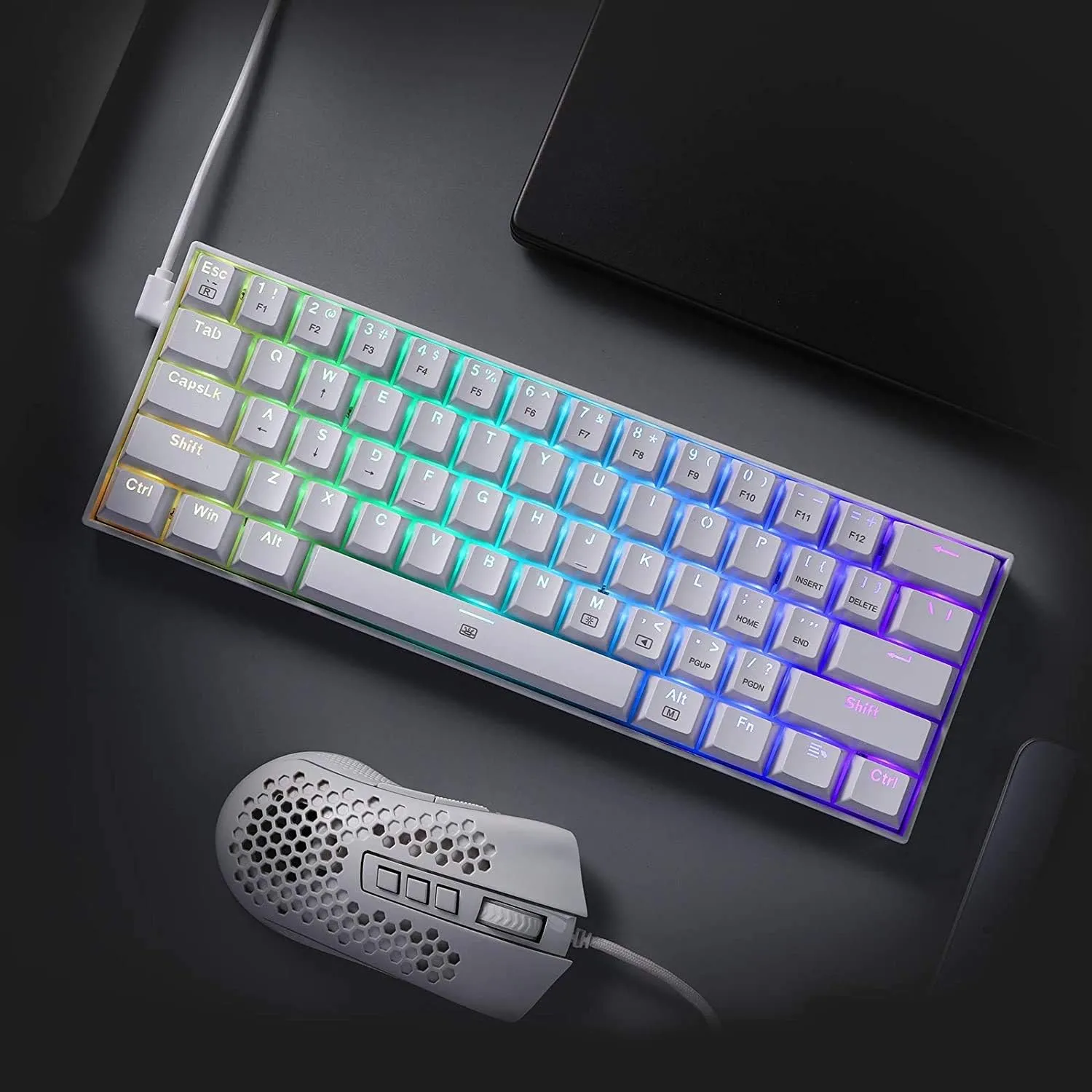 Redragon K630 Dragonborn 60% Wired RGB Gaming Keyboard, 61 Keys Compact Mechanical Keyboard with Tactile Brown Switch, Pro Driver Support, White