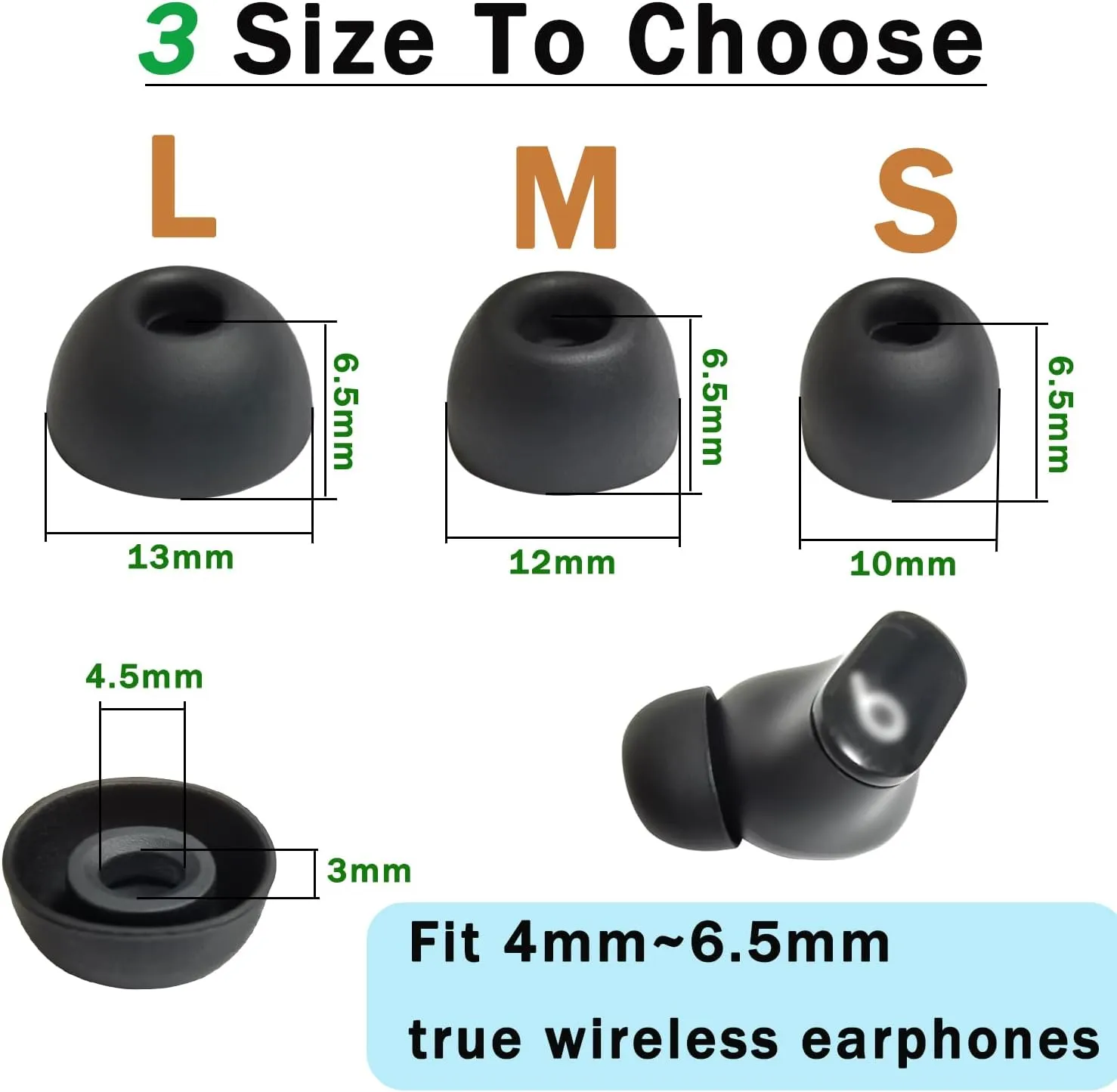 Replacement Earbuds Tips Silicone Universal for 4.0mm-6.0mm Nozzle in-Ear Rubber Ear Tips Fit True Wireless Earbuds 6 Pairs LMS Black