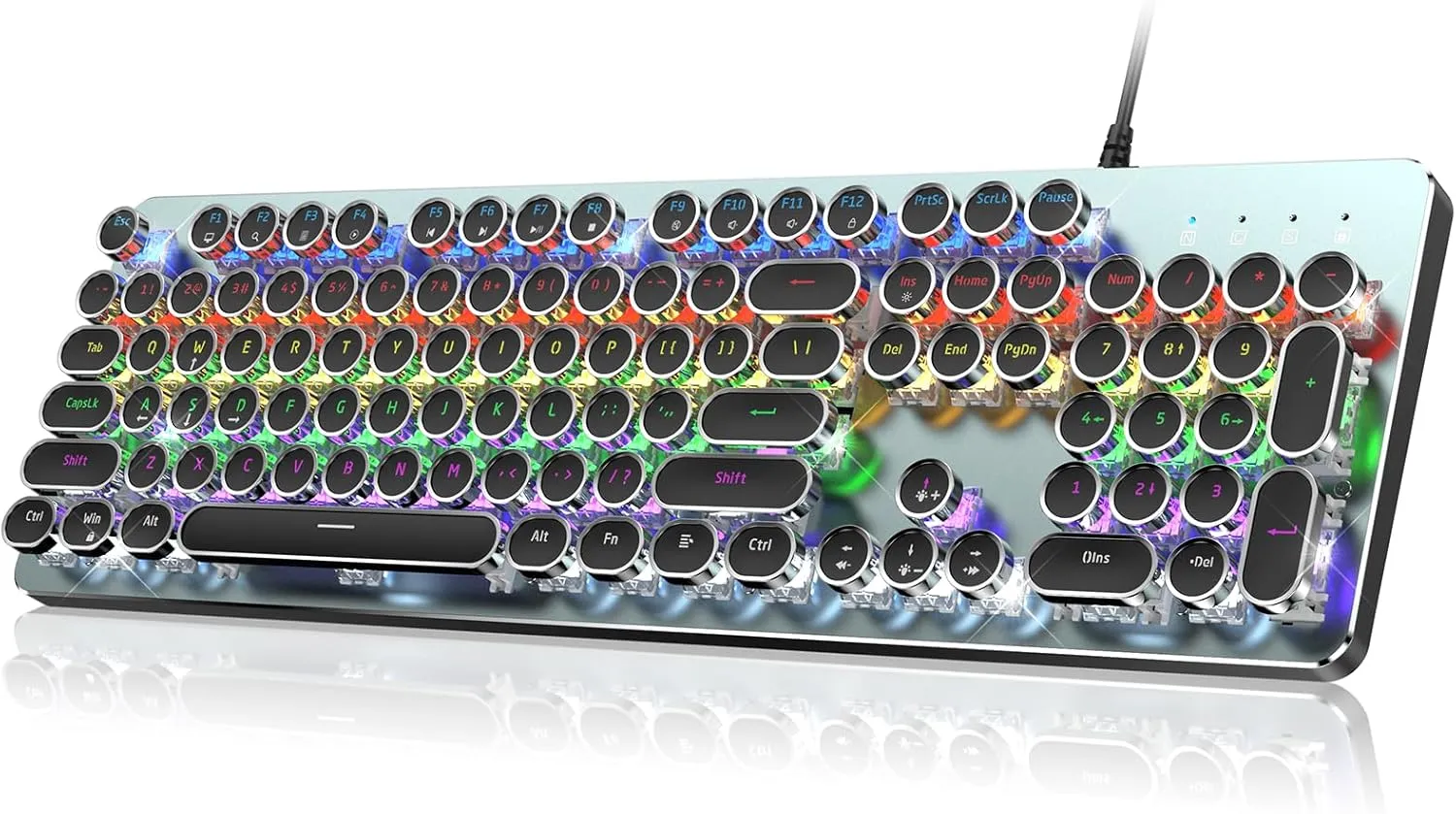 RisoPhy Typewriter Style Mechanical Gaming Keyboard, Metal Panel, Retro Punk Round Keycaps, Clicky Blue Switch, Rainbow LED Backlit, 104 Keys Wired Keyboard, Round Keycaps for PC Laptop Mac Gamer