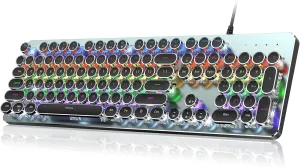 RisoPhy Typewriter Style Mechanical Gaming Keyboard, Metal Panel, Retro Punk Round Keycaps, Clicky Blue Switch, Rainbow LED Backlit, 104 Keys Wired Keyboard, Round Keycaps for PC Laptop Mac Gamer