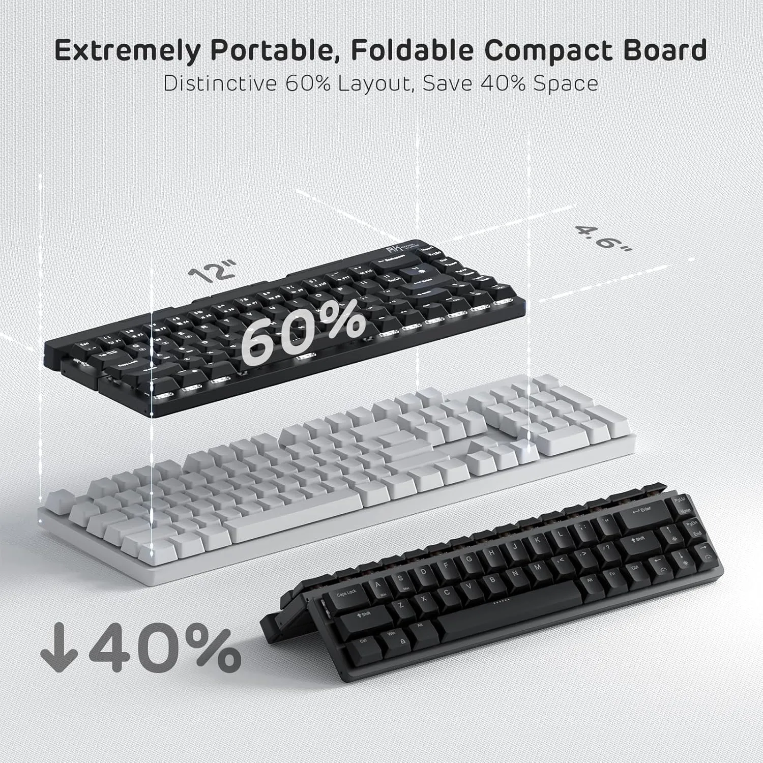 RK ROYAL KLUDGE F68 60% Foldable Low Profile Mechanical Keyboard, Wireless Mechanical Keyboard with Aluminum Body, Built-in Stand Holder, White Backlit, 68 Keys