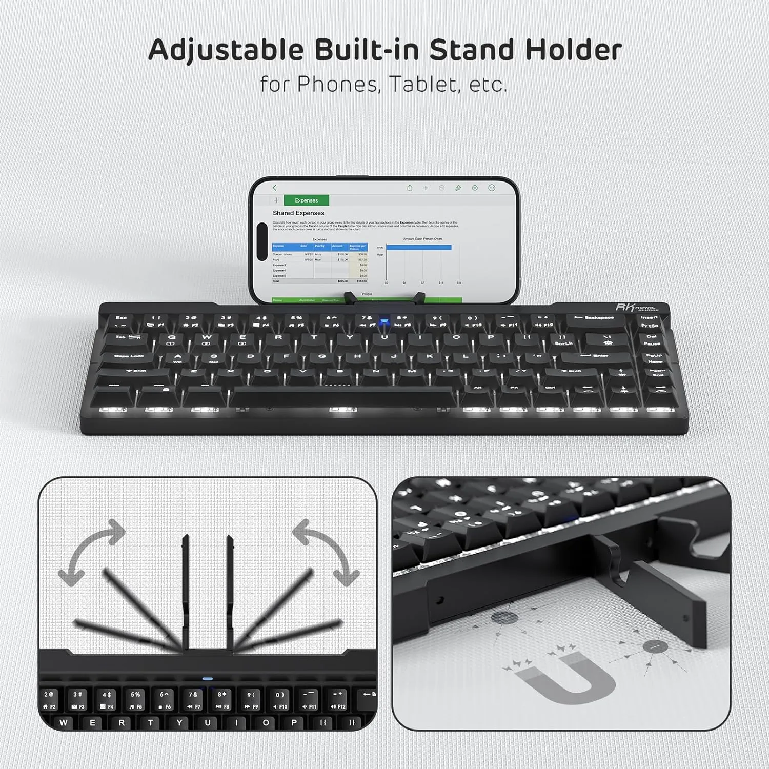 RK ROYAL KLUDGE F68 60% Foldable Low Profile Mechanical Keyboard, Wireless Mechanical Keyboard with Aluminum Body, Built-in Stand Holder, White Backlit, 68 Keys