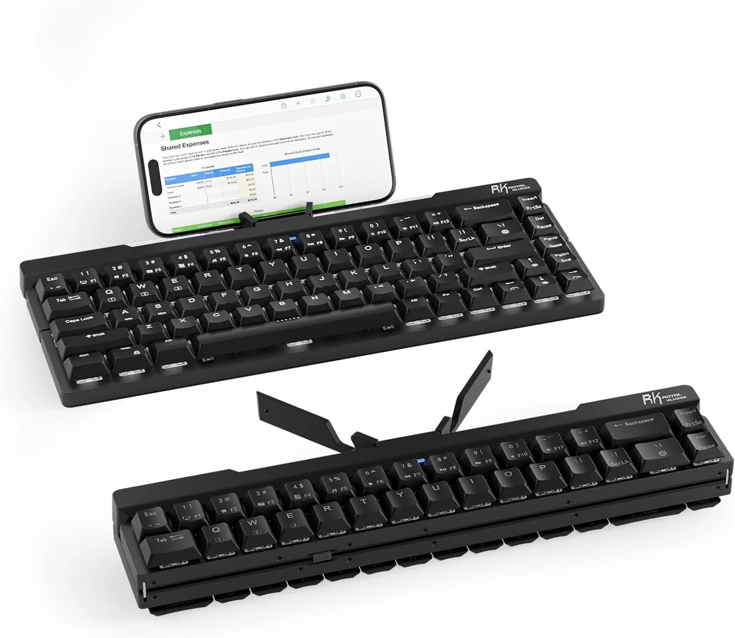 RK ROYAL KLUDGE F68 60% Foldable Low Profile Mechanical Keyboard, Wireless Mechanical Keyboard with Aluminum Body, Built-in Stand Holder, White Backlit, 68 Keys