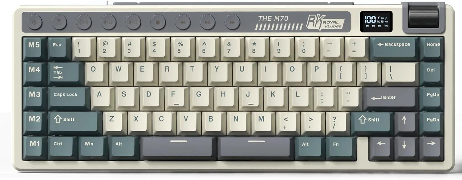 RK ROYAL KLUDGE M70 Wireless Mechanical Keyboard with Macro Keys 2.4GHz/Bluetooth/Wired 75% Gaming Keyboard with 6000mAh Battery Gasket-Mount Display & Knob RGB Hot-Swappable Soft Tactile Beige Switch