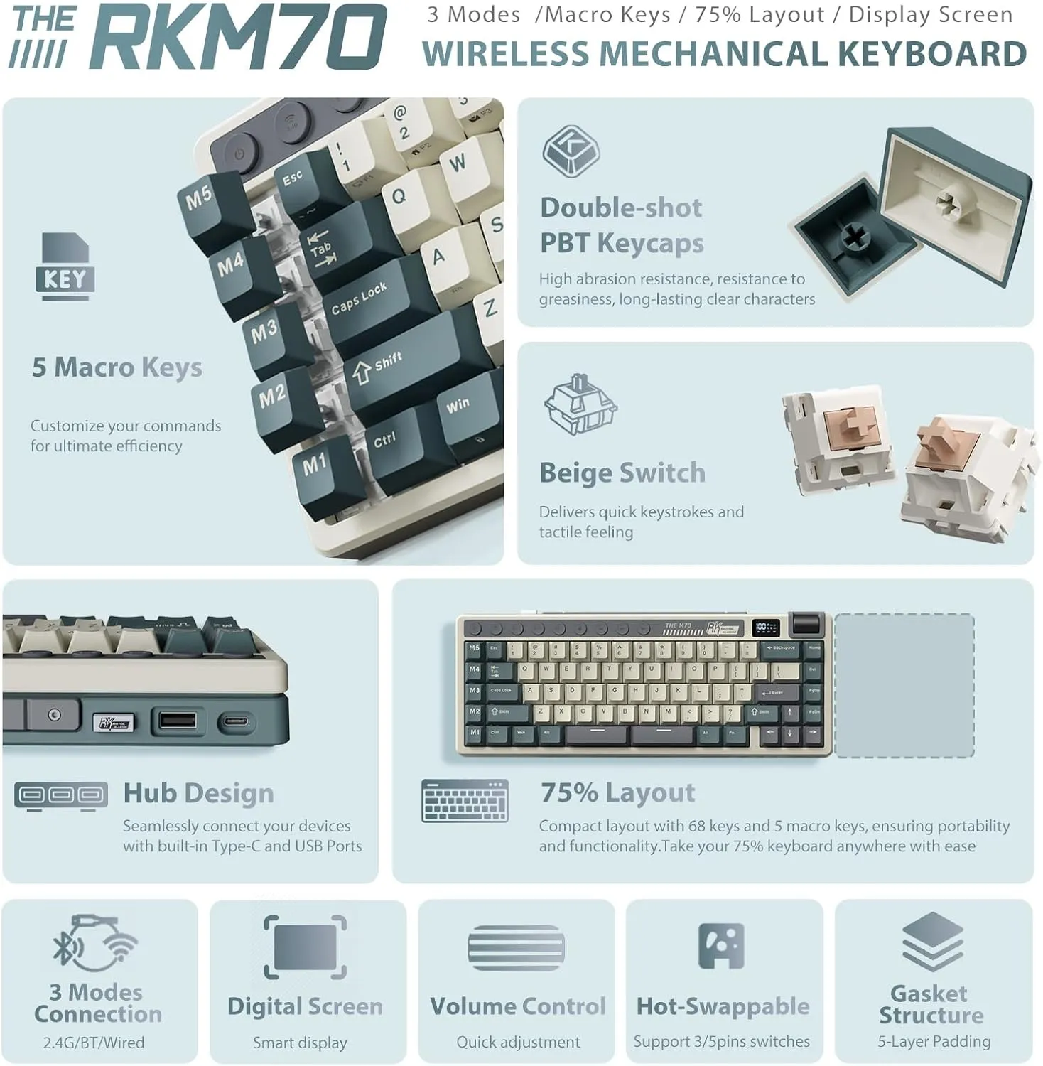 RK ROYAL KLUDGE M70 Wireless Mechanical Keyboard with Macro Keys 2.4GHz/Bluetooth/Wired 75% Gaming Keyboard with 6000mAh Battery Gasket-Mount Display & Knob RGB Hot-Swappable Soft Tactile Beige Switch