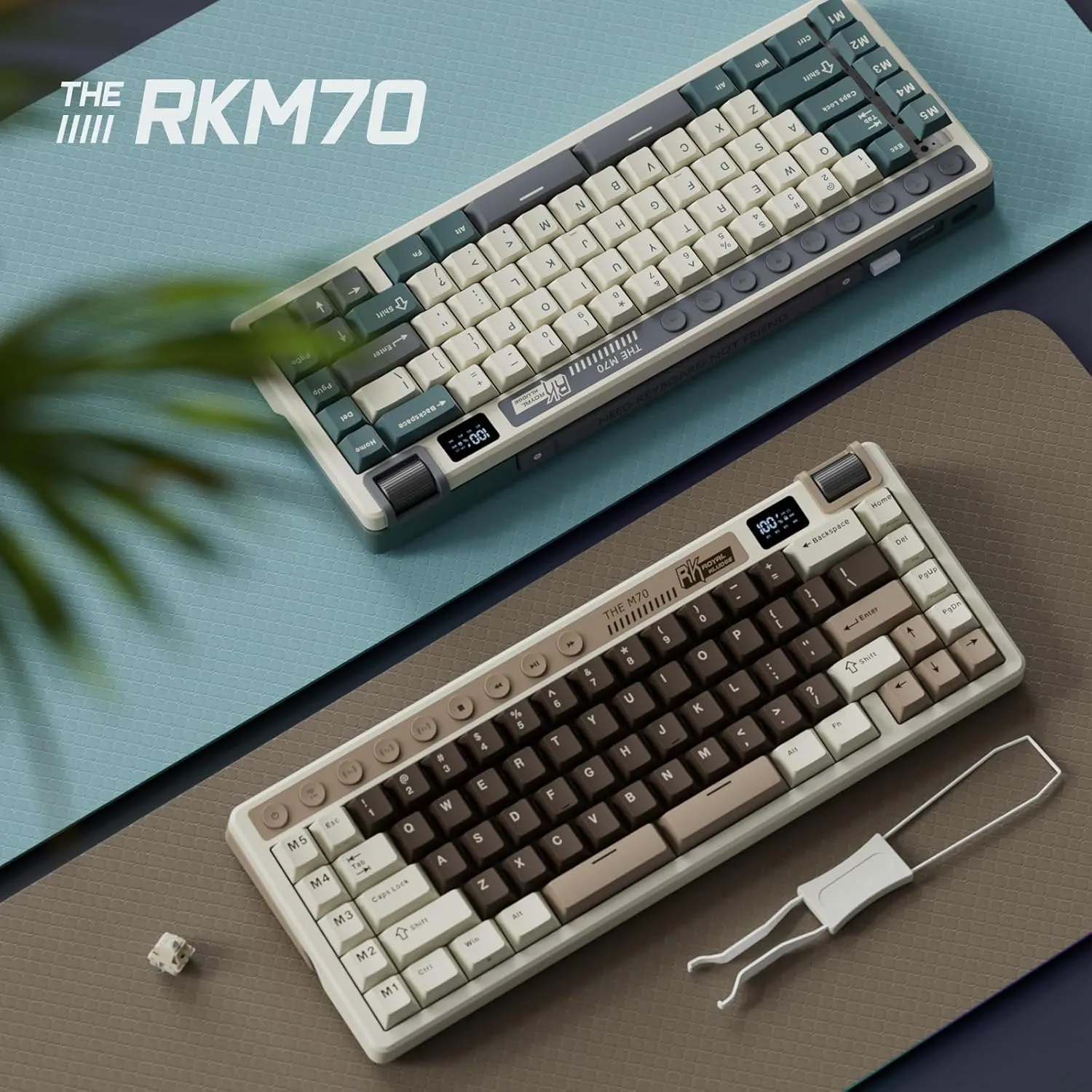 RK ROYAL KLUDGE M70 Wireless Mechanical Keyboard with Macro Keys 2.4GHz/Bluetooth/Wired 75% Gaming Keyboard with 6000mAh Battery Gasket-Mount Display & Knob RGB Hot-Swappable Soft Tactile Beige Switch