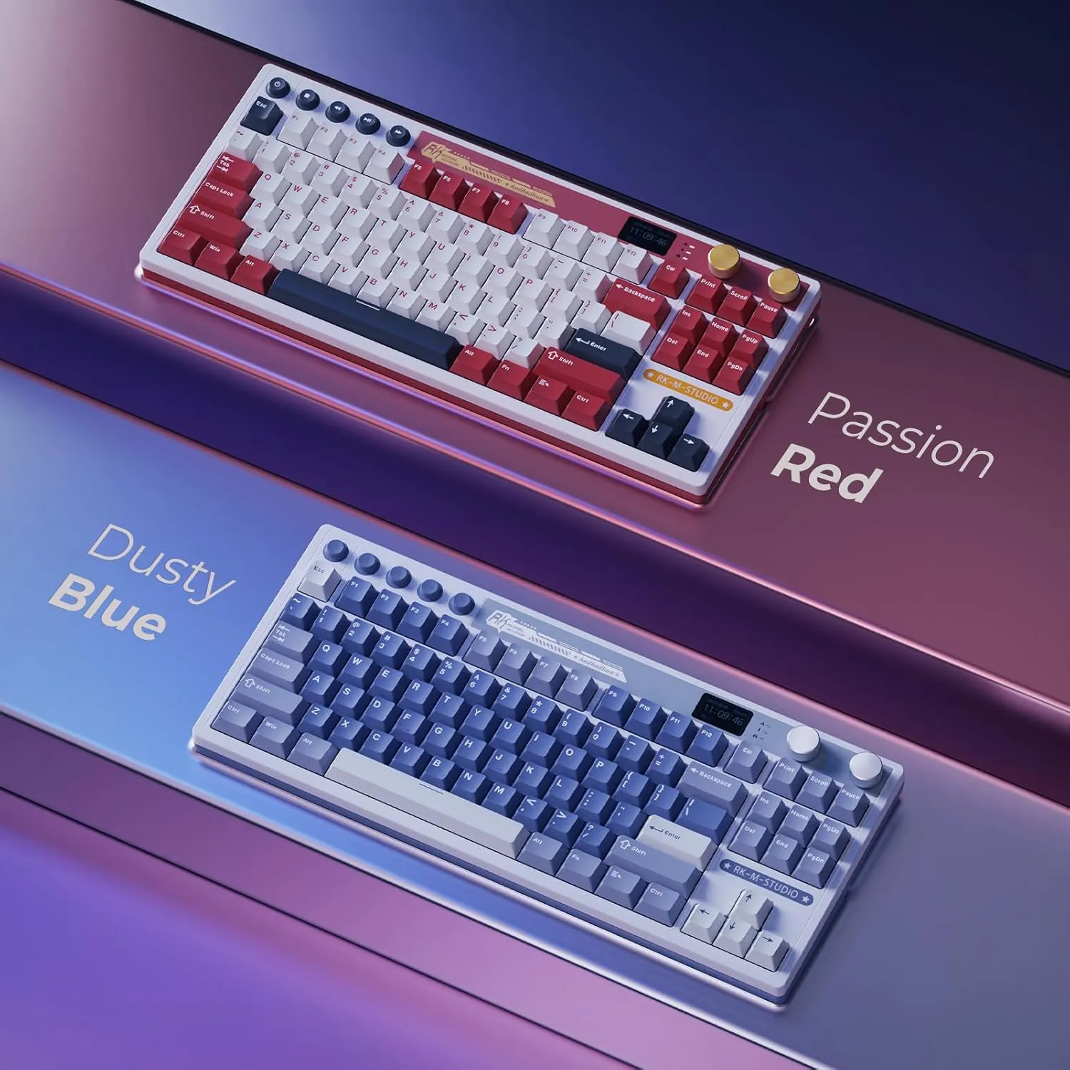 RK ROYAL KLUDGE M87 Wireless Gaming Keyboard with Screen and Dual Knob, 75% Percent 2.4Ghz/Bluetooth/USB-C Mechanical Keyboard with Gasket Structure, RGB Backlit Hot Swappable Cream Switch, Blue