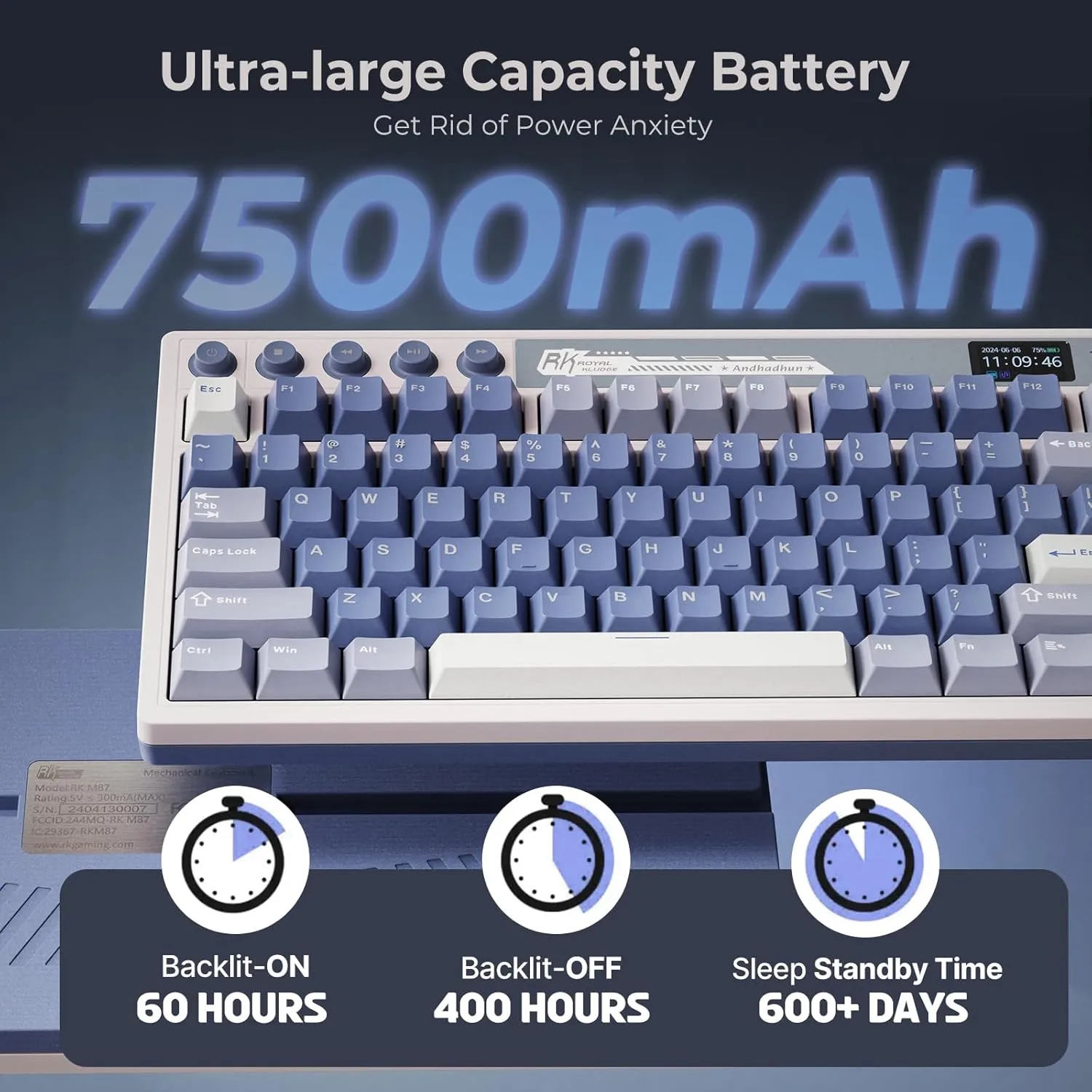 RK ROYAL KLUDGE M87 Wireless Gaming Keyboard with Screen and Dual Knob, 75% Percent 2.4Ghz/Bluetooth/USB-C Mechanical Keyboard with Gasket Structure, RGB Backlit Hot Swappable Cream Switch, Blue