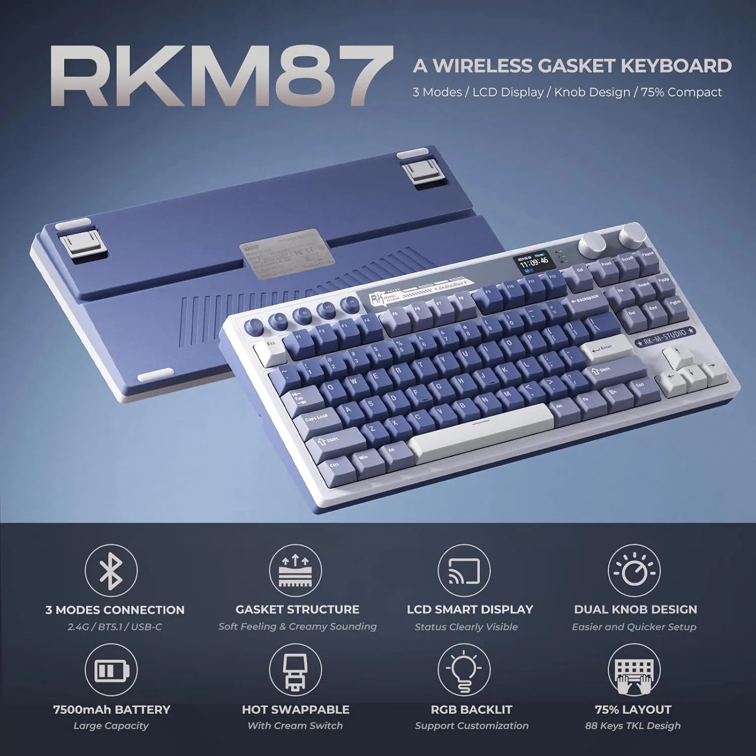 RK ROYAL KLUDGE M87 Wireless Gaming Keyboard with Screen and Dual Knob, 75% Percent 2.4Ghz/Bluetooth/USB-C Mechanical Keyboard with Gasket Structure, RGB Backlit Hot Swappable Cream Switch, Blue