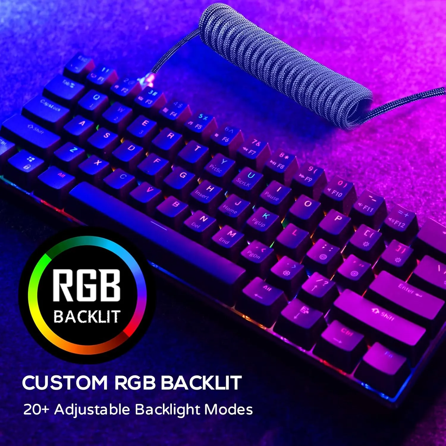RK ROYAL KLUDGE RK61 60% Mechanical Keyboard with Coiled Cable, 2.4Ghz/Bluetooth/Wired, Wireless Bluetooth Mini Keyboard 61 Keys, RGB Hot Swappable Brown Switch Gaming Keyboard with Software - Black