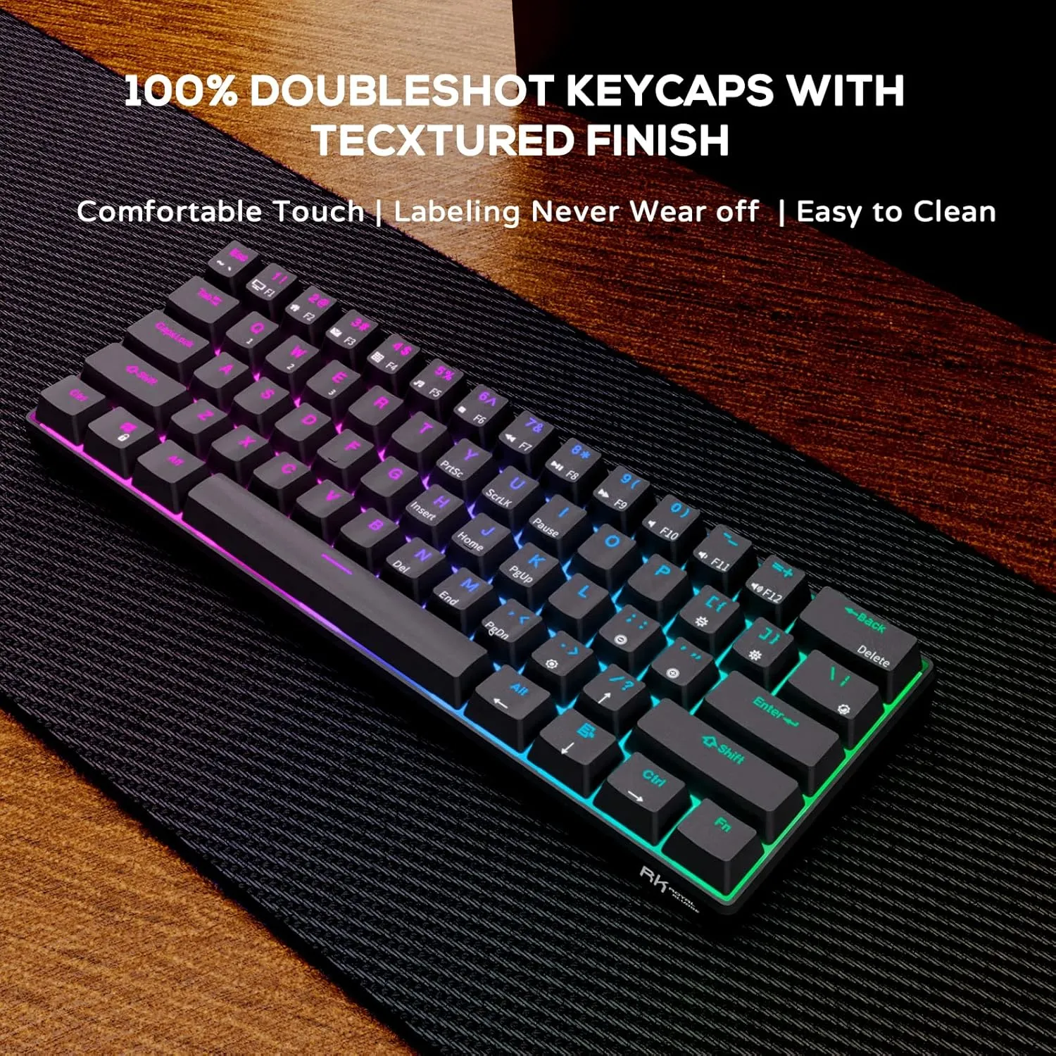 RK ROYAL KLUDGE RK61 60% Mechanical Keyboard with Coiled Cable, 2.4Ghz/Bluetooth/Wired, Wireless Bluetooth Mini Keyboard 61 Keys, RGB Hot Swappable Brown Switch Gaming Keyboard with Software - Black