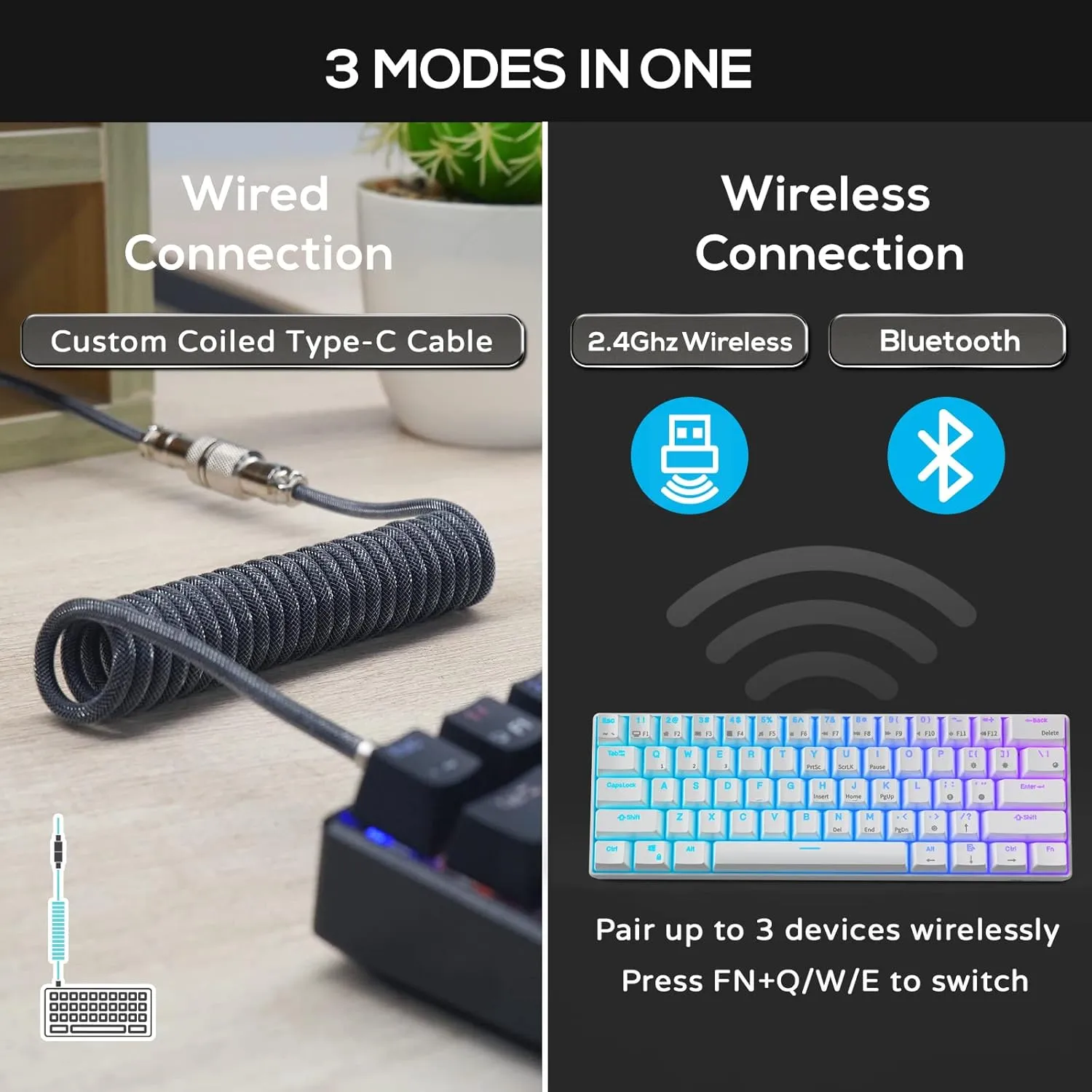 RK ROYAL KLUDGE RK61 60% Mechanical Keyboard with Coiled Cable, 2.4Ghz/Bluetooth/Wired, Wireless Bluetooth Mini Keyboard 61 Keys, RGB Hot Swappable Brown Switch Gaming Keyboard with Software - Black