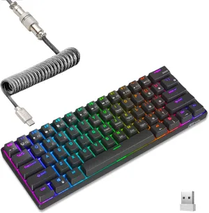 RK ROYAL KLUDGE RK61 60% Mechanical Keyboard with Coiled Cable, 2.4Ghz/Bluetooth/Wired, Wireless Bluetooth Mini Keyboard 61 Keys, RGB Hot Swappable Brown Switch Gaming Keyboard with Software - Black