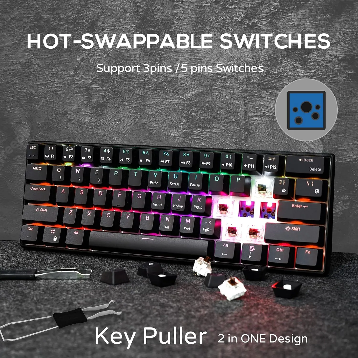 RK ROYAL KLUDGE RK61 60% Mechanical Keyboard with Coiled Cable, 2.4Ghz/Bluetooth/Wired, Wireless Bluetooth Mini Keyboard 61 Keys, RGB Hot Swappable Brown Switch Gaming Keyboard with Software - Black