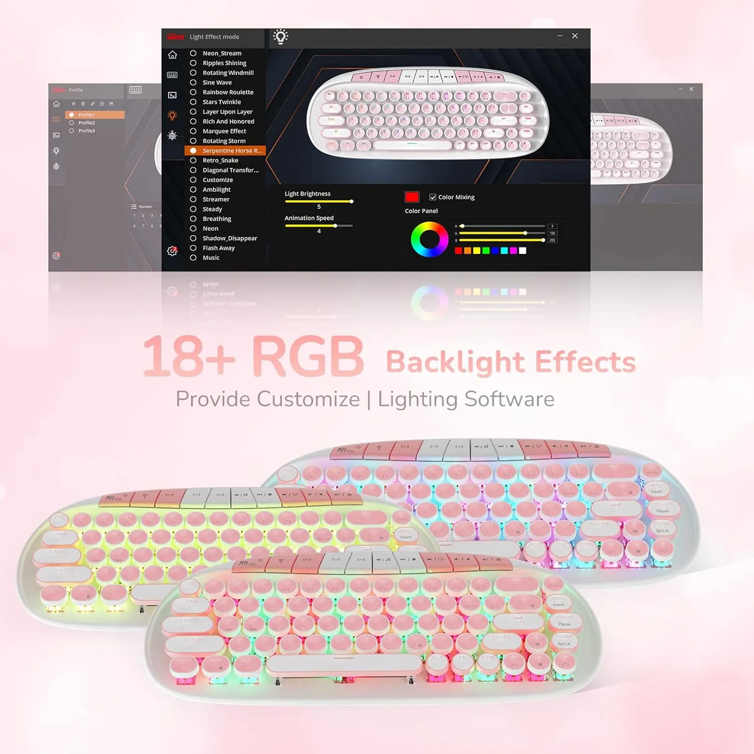 RK ROYAL KLUDGE RK838 Wireless Mechanical Keyboard, 65% Layout Hot Swappable Gaming Keybaord, Retro Typewriter Keyboard RGB Backlit, Bluetooth/Type-C/2.4G for Win/Mac(Pink)