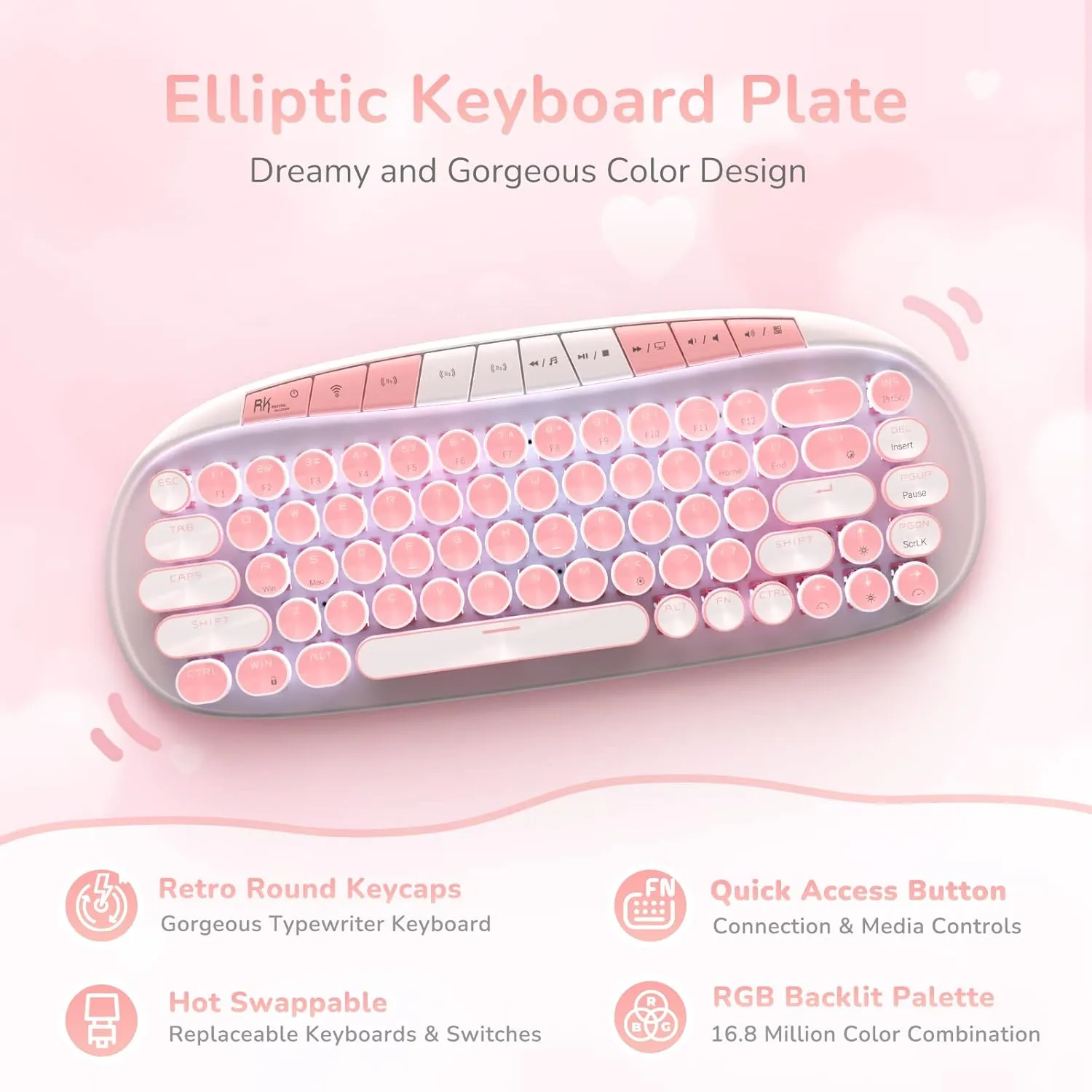 RK ROYAL KLUDGE RK838 Wireless Mechanical Keyboard, 65% Layout Hot Swappable Gaming Keybaord, Retro Typewriter Keyboard RGB Backlit, Bluetooth/Type-C/2.4G for Win/Mac(Pink)