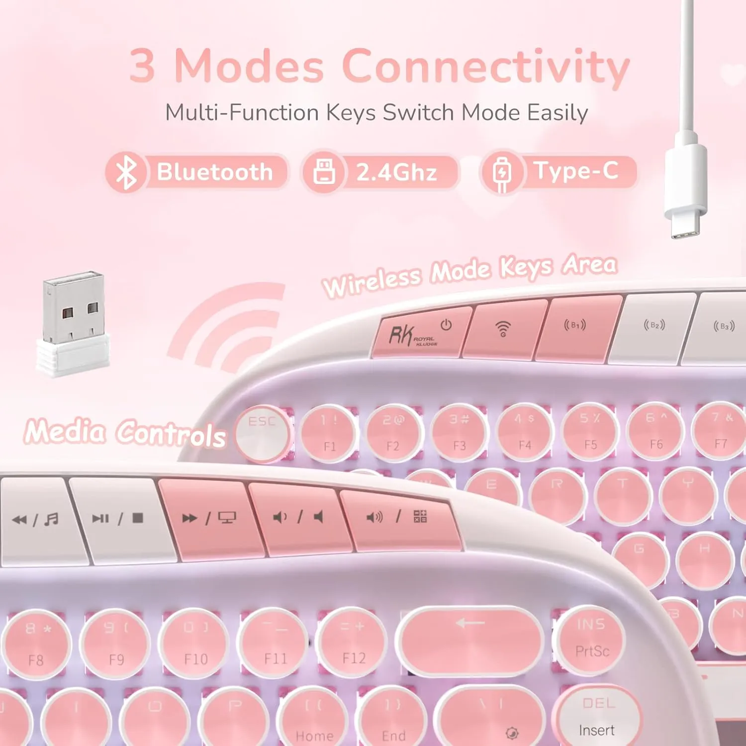RK ROYAL KLUDGE RK838 Wireless Mechanical Keyboard, 65% Layout Hot Swappable Gaming Keybaord, Retro Typewriter Keyboard RGB Backlit, Bluetooth/Type-C/2.4G for Win/Mac(Pink)