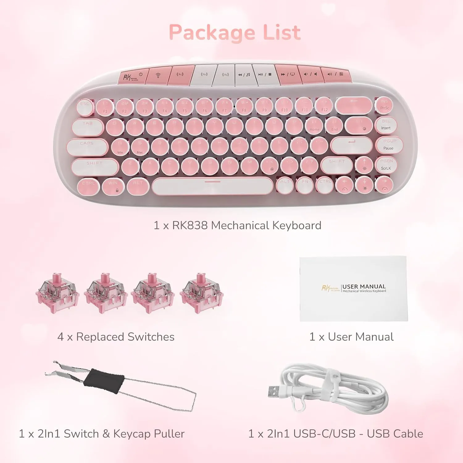 RK ROYAL KLUDGE RK838 Wireless Mechanical Keyboard, 65% Layout Hot Swappable Gaming Keybaord, Retro Typewriter Keyboard RGB Backlit, Bluetooth/Type-C/2.4G for Win/Mac(Pink)