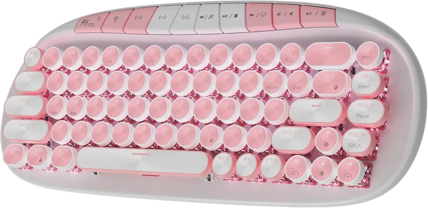 RK ROYAL KLUDGE RK838 Wireless Mechanical Keyboard, 65% Layout Hot Swappable Gaming Keybaord, Retro Typewriter Keyboard RGB Backlit, Bluetooth/Type-C/2.4G for Win/Mac(Pink)