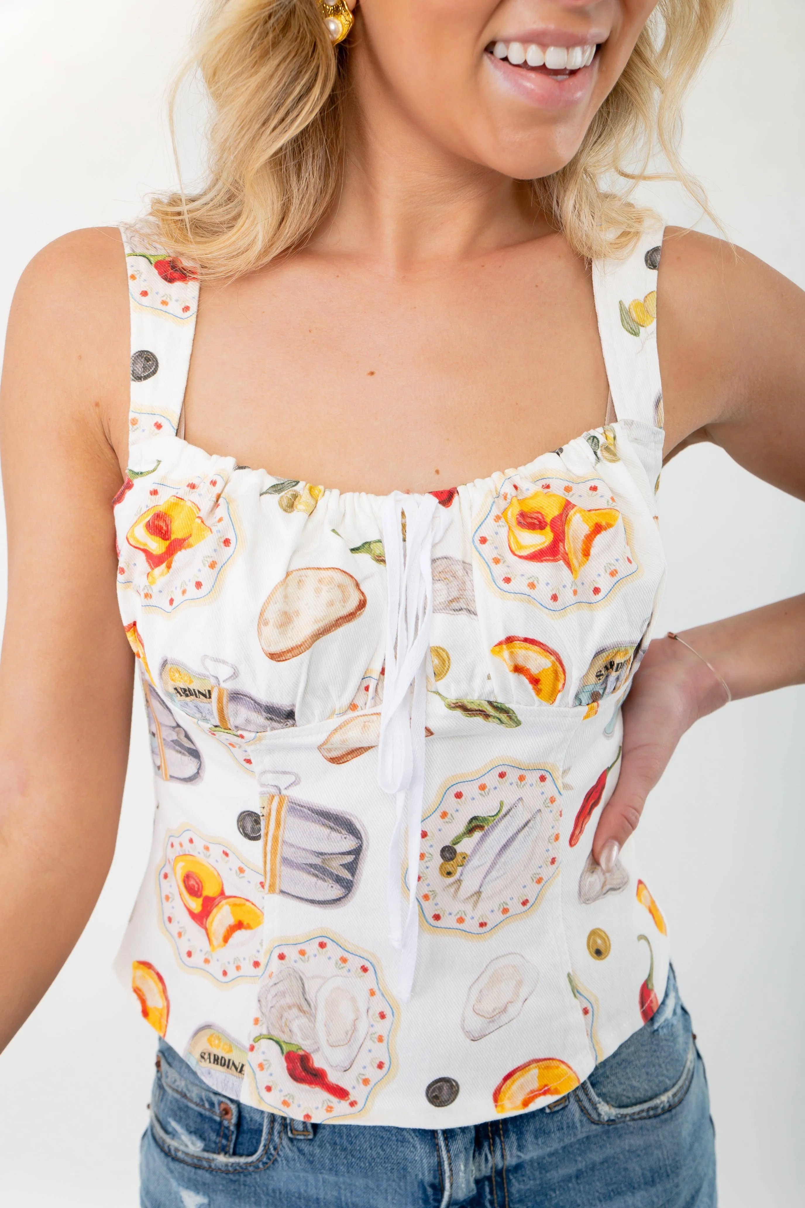 Seaside Picnic Printed Denim Top