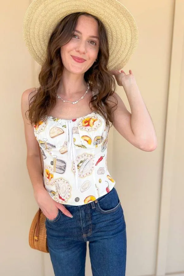 Seaside Picnic Printed Denim Top