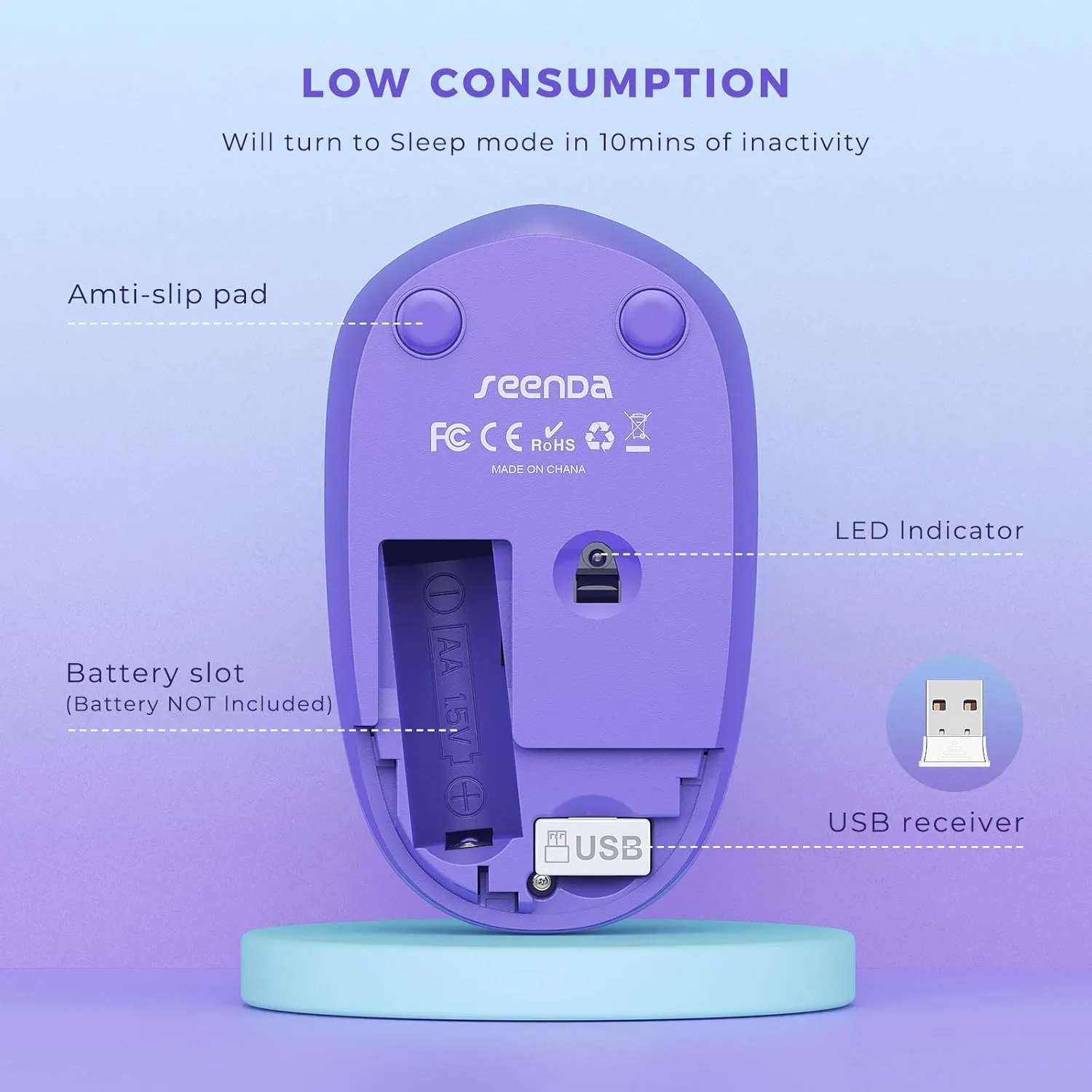 seenda Wireless Mouse, 2.4G Noiseless Mouse with USB Receiver Portable Computer Mice for PC, Tablet, Laptop, Notebook Chromebook - Gradient Purple