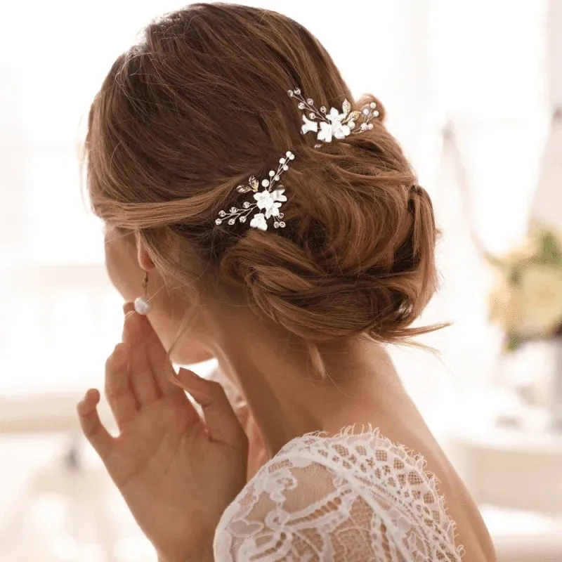 Silver Bridal Hair Pins with Crystals and Pearls, 7558