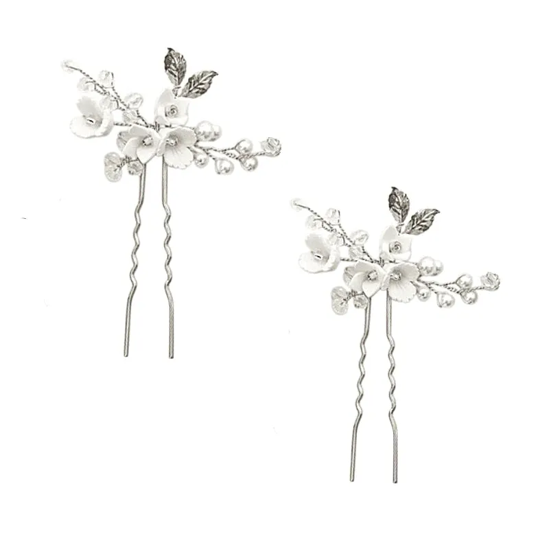 Silver Bridal Hair Pins with Crystals and Pearls, 7558