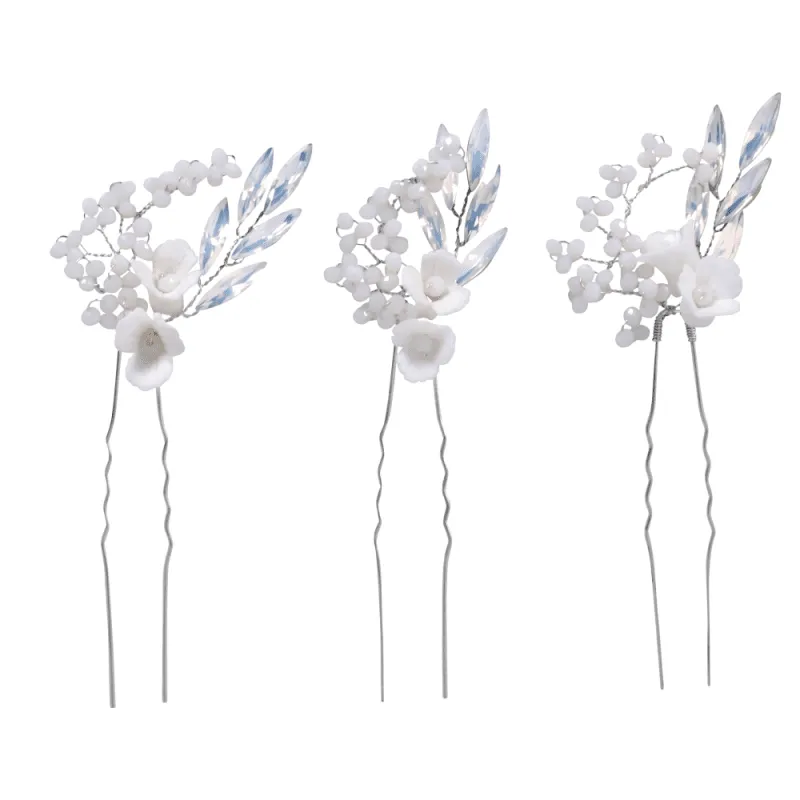 Silver Bridal Hair Pins with Opal Glass Crystals & Pearls, 9322