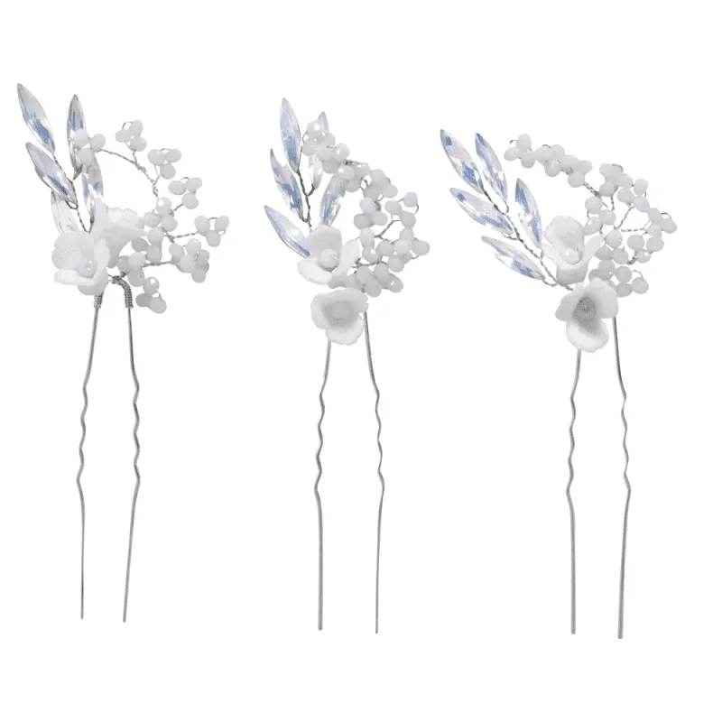 Silver Bridal Hair Pins with Opal Glass Crystals & Pearls, 9322