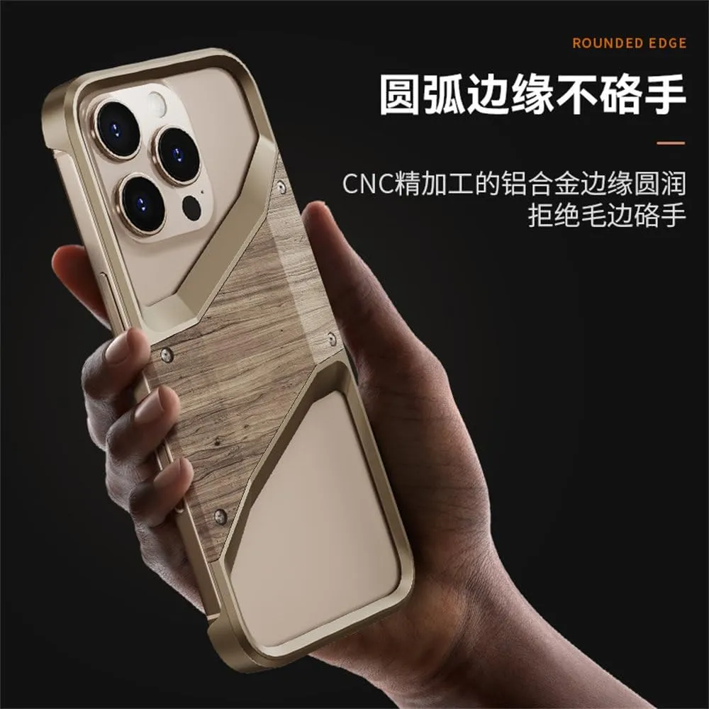 Solid Wood Aluminum Alloy Frameless Mobile Phone Case Suitable for iPhone 15 16 Pro Max Half-Covered Protective Case,Desert Gold,for iPhone 16 Pro Max