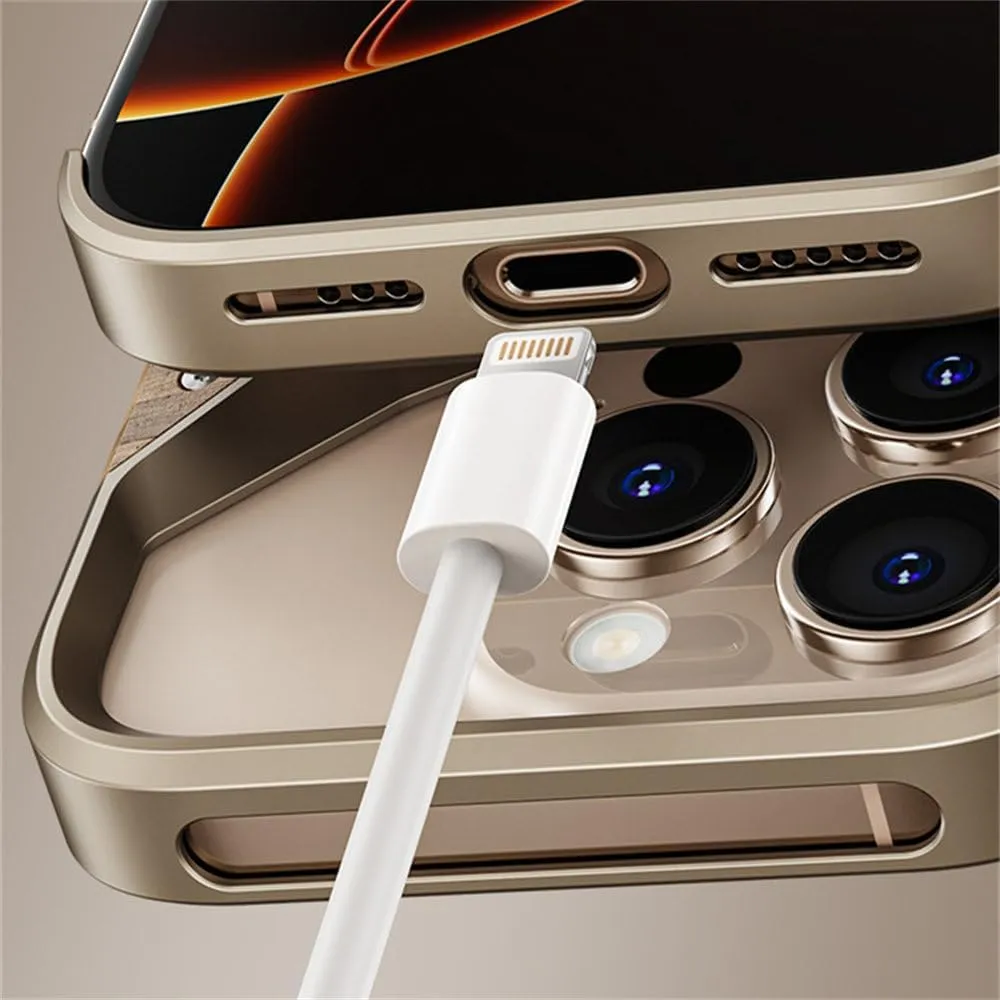 Solid Wood Aluminum Alloy Frameless Mobile Phone Case Suitable for iPhone 15 16 Pro Max Half-Covered Protective Case,Desert Gold,for iPhone 16 Pro Max