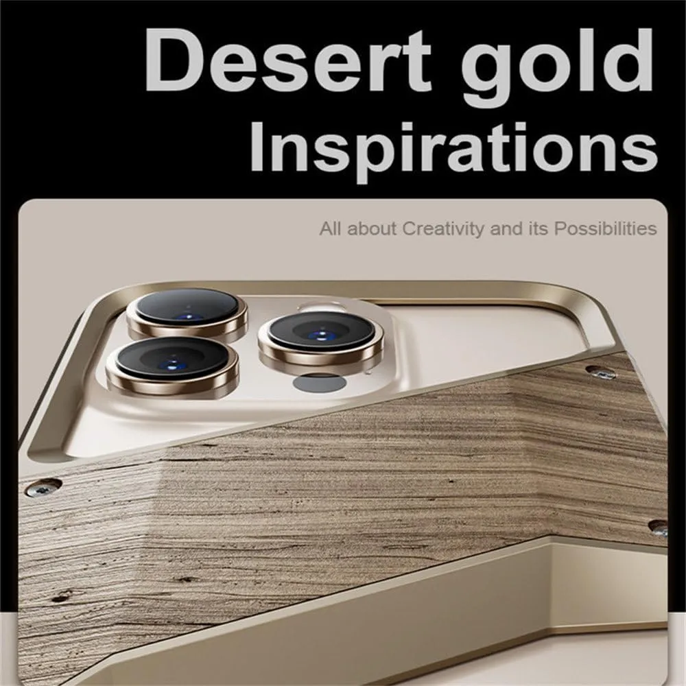 Solid Wood Aluminum Alloy Frameless Mobile Phone Case Suitable for iPhone 15 16 Pro Max Half-Covered Protective Case,Desert Gold,for iPhone 16 Pro Max