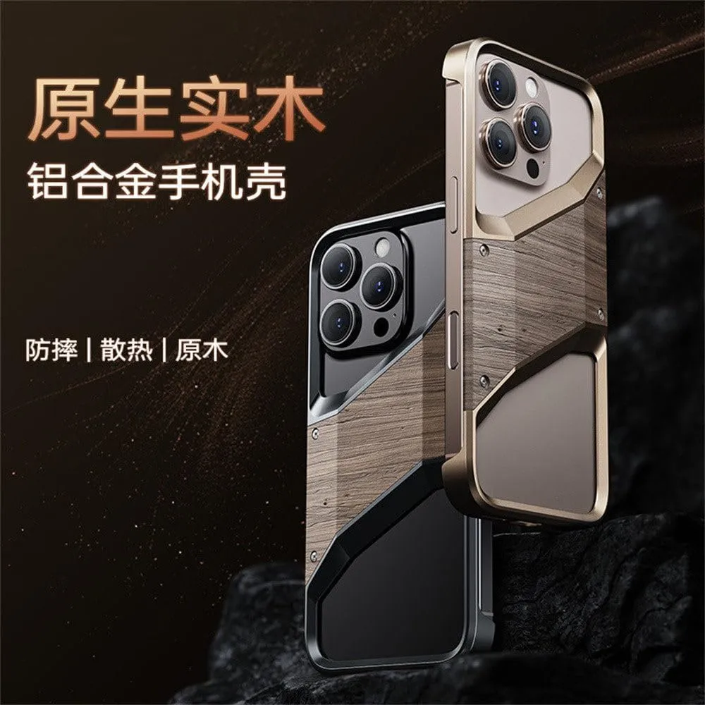 Solid Wood Aluminum Alloy Frameless Mobile Phone Case Suitable for iPhone 15 16 Pro Max Half-Covered Protective Case,Desert Gold,for iPhone 16 Pro Max