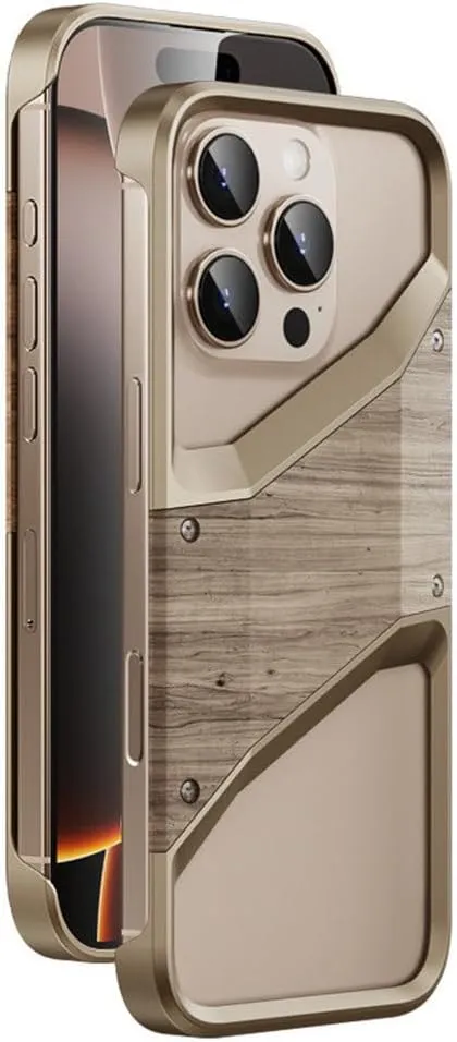 Solid Wood Aluminum Alloy Frameless Mobile Phone Case Suitable for iPhone 15 16 Pro Max Half-Covered Protective Case,Desert Gold,for iPhone 16 Pro Max