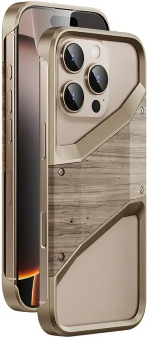 Solid Wood Aluminum Alloy Frameless Mobile Phone Case Suitable for iPhone 15 16 Pro Max Half-Covered Protective Case,Desert Gold,for iPhone 16 Pro Max