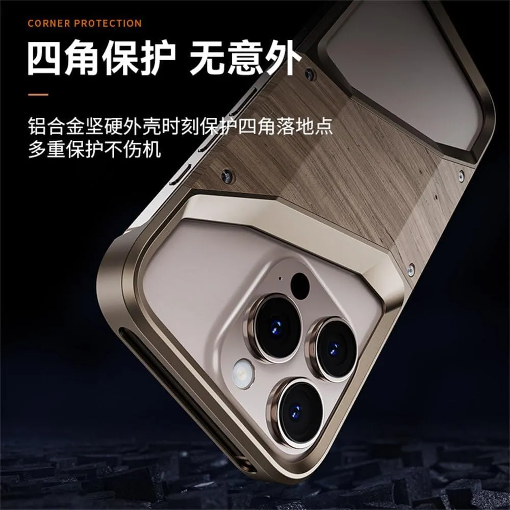 Solid Wood Aluminum Alloy Frameless Mobile Phone Case Suitable for iPhone 15 16 Pro Max Half-Covered Protective Case,Desert Gold,for iPhone 16 Pro Max